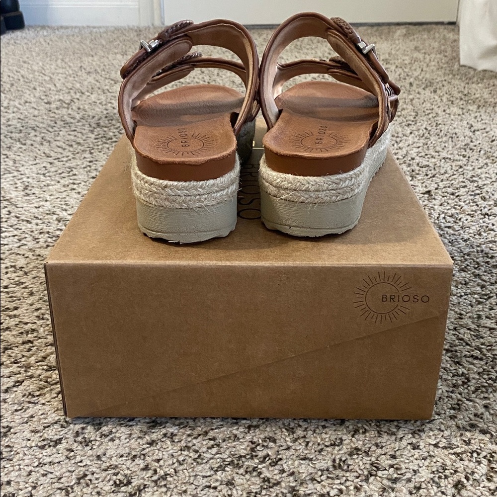 Brioso Fenney Brown Woven Double Buckle Banded Platform Slide Sandal, worn 5x - Picture 5 of 12